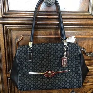 New COACH Madison Madeline Bag Black East West Satchel Needlepoint Op Art NWT.